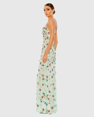 Green Embellished Spaghetti Strap Lace Up Gown