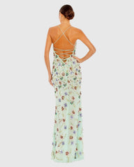 Green Embellished Spaghetti Strap Lace Up Gown