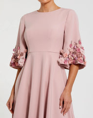 Pink Crepe 3/4 Sleeve A-line Gown With Flower Trim