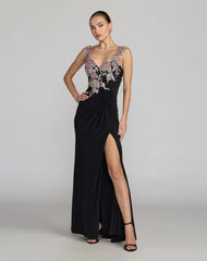 Black Sweetheart Jersey Gown With Beaded Flowers