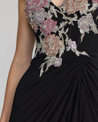 Black Sweetheart Jersey Gown With Beaded Flowers