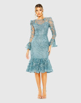 Blue Ruffle Wrist Embellished High Neck Midi Dress