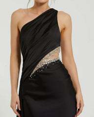 Black One Shoulder Charmeuse Gown With Beaded Cutout