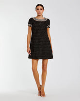 Short Sleeve Embellished Boucle Mini Dress