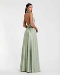 Green Soft Tie Halter Neck High Slit Gown