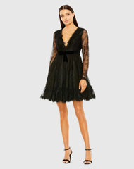 Black Long Sleeve Deep V Lace Babydoll Dress