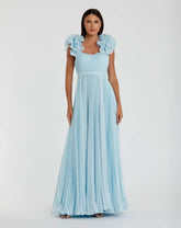 Blue Pleated Organza Gown With Ruffle Straps