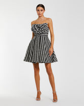 Black and White Strapless Boucle Mini Dress With Bow