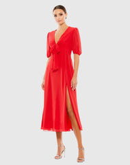 Red V Neck Bow Detail Flowy Midi Dress