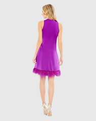 Purple Feathered Hem High Neck Sleeveless Trapeze Dress - Final Sale