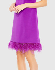 Purple Feathered Hem High Neck Sleeveless Trapeze Dress - Final Sale