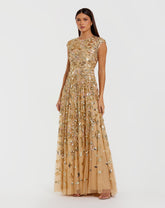 Gold Sequin High Neck Cap Sleeve A Line Gown