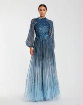 Blue Ombré Sequin Long Sleeve A-Line Evening Dress