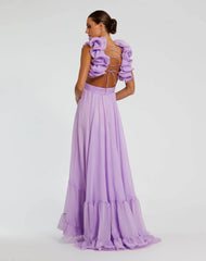 Purple Ruffle Tiered Cut-Out Chiffon Gown