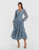 Blue Long Sleeve V-Neck Micro Ruffle Midi Dress