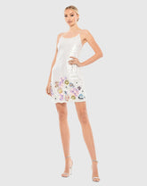 White Sequined Mixed Media Floral Embellished Mini Dress