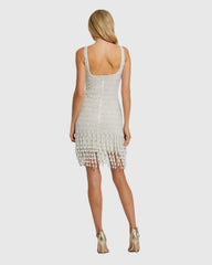 White Pearl Beaded Square Neck Mini Dress