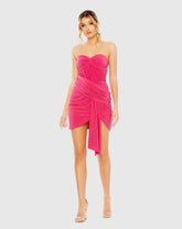 Pink Strapless Ruched Faux Wrap Dress