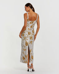 Silver Sleeveless Sequin Dress With Gold Floral Detail