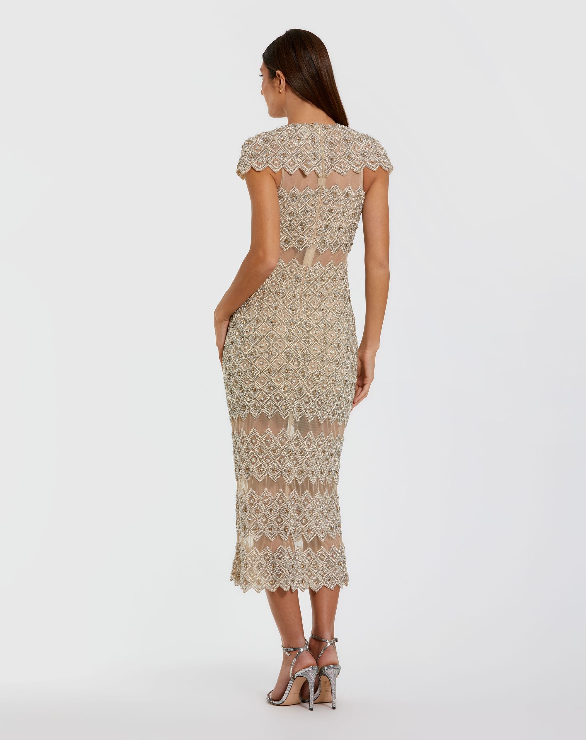 Beige Embellished Mesh Fitted Midi Dress With Sheer Panels