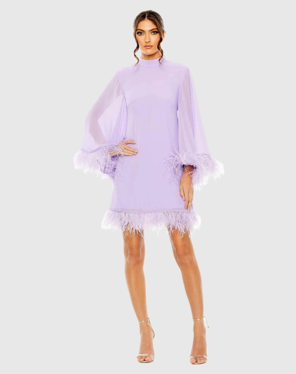 Purple High Neck Long Sleeve Mini Dress with Feather Trim