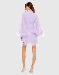 Purple High Neck Long Sleeve Mini Dress with Feather Trim