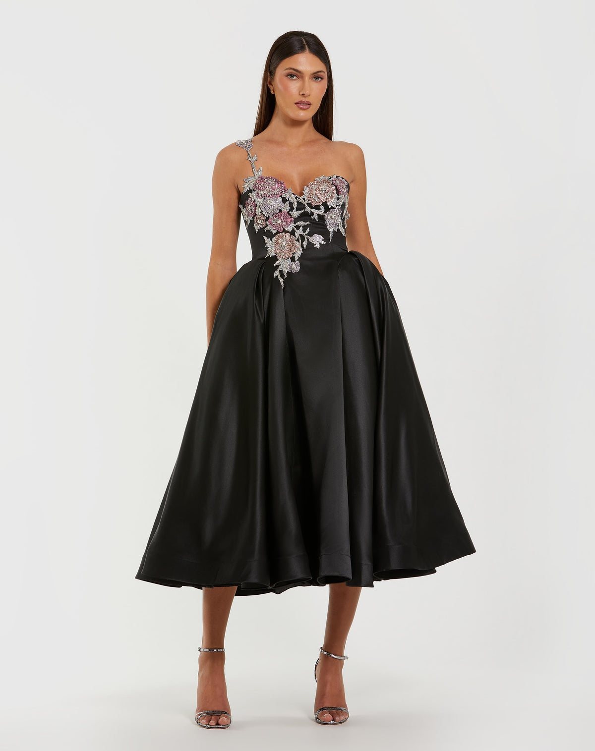 Black One Shoulder Satin Midi Dress With Beaded Flowers