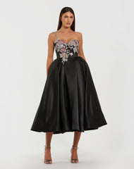Black One Shoulder Satin Midi Dress With Beaded Flowers