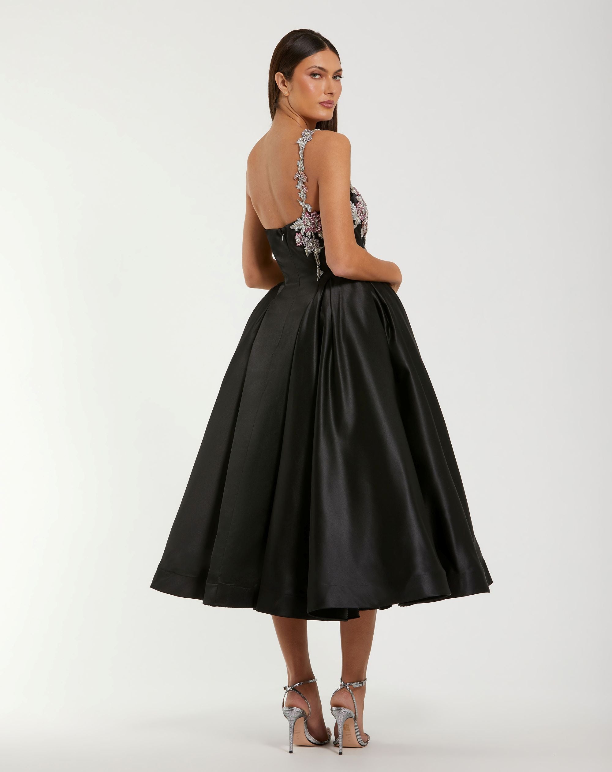 Black One Shoulder Satin Midi Dress With Beaded Flowers