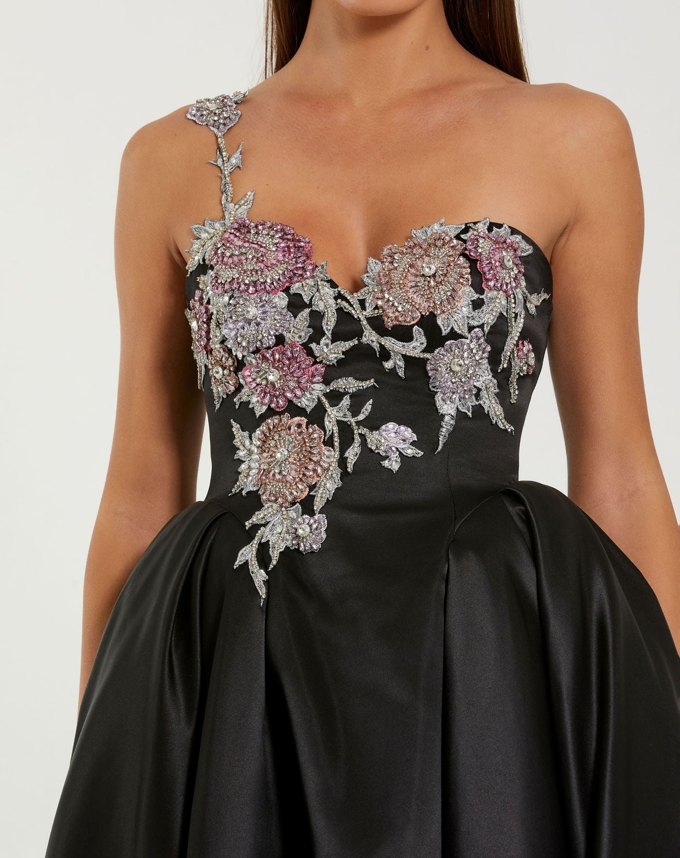 Black One Shoulder Satin Midi Dress With Beaded Flowers