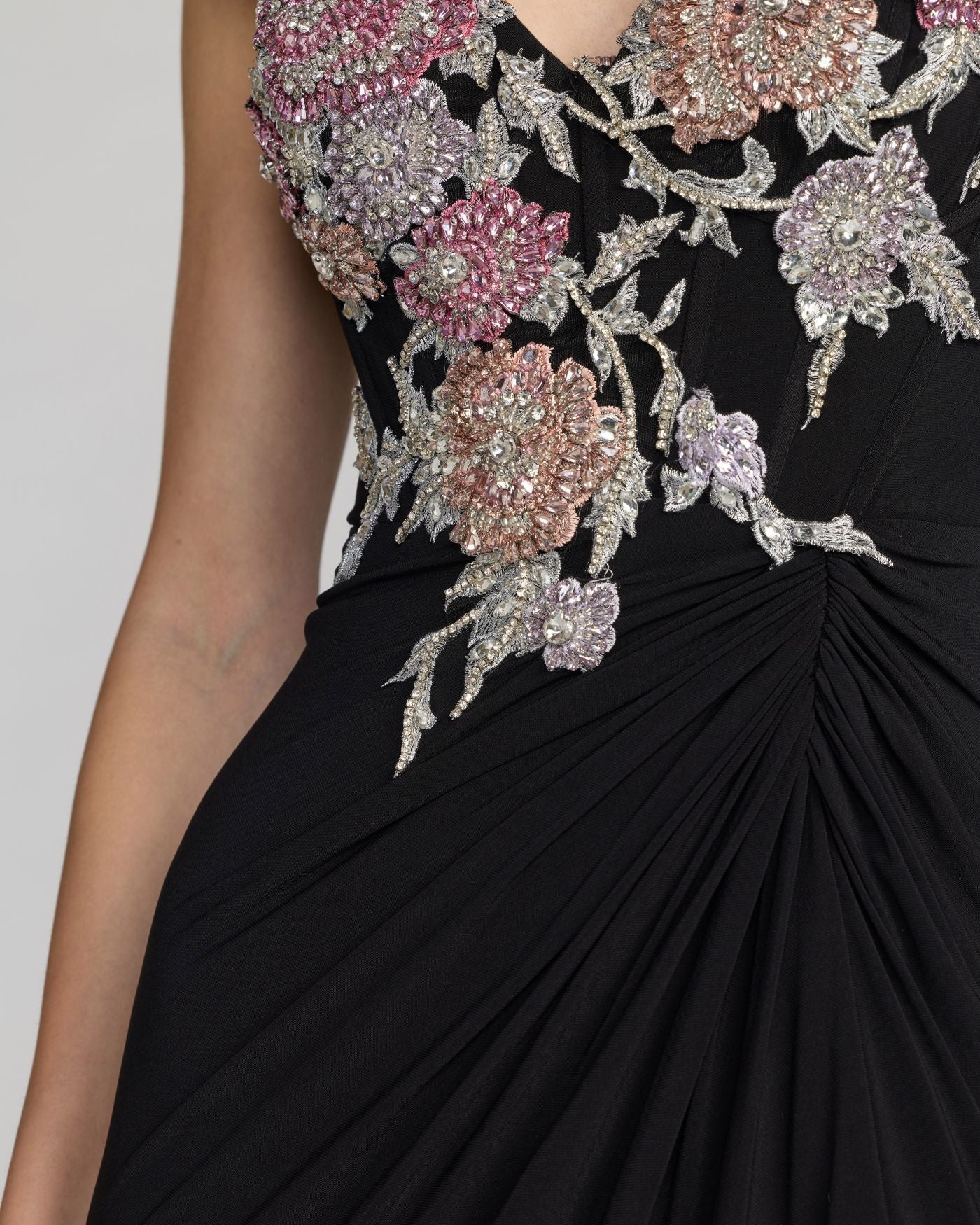 Black Sweetheart Jersey Gown With Beaded Flowers