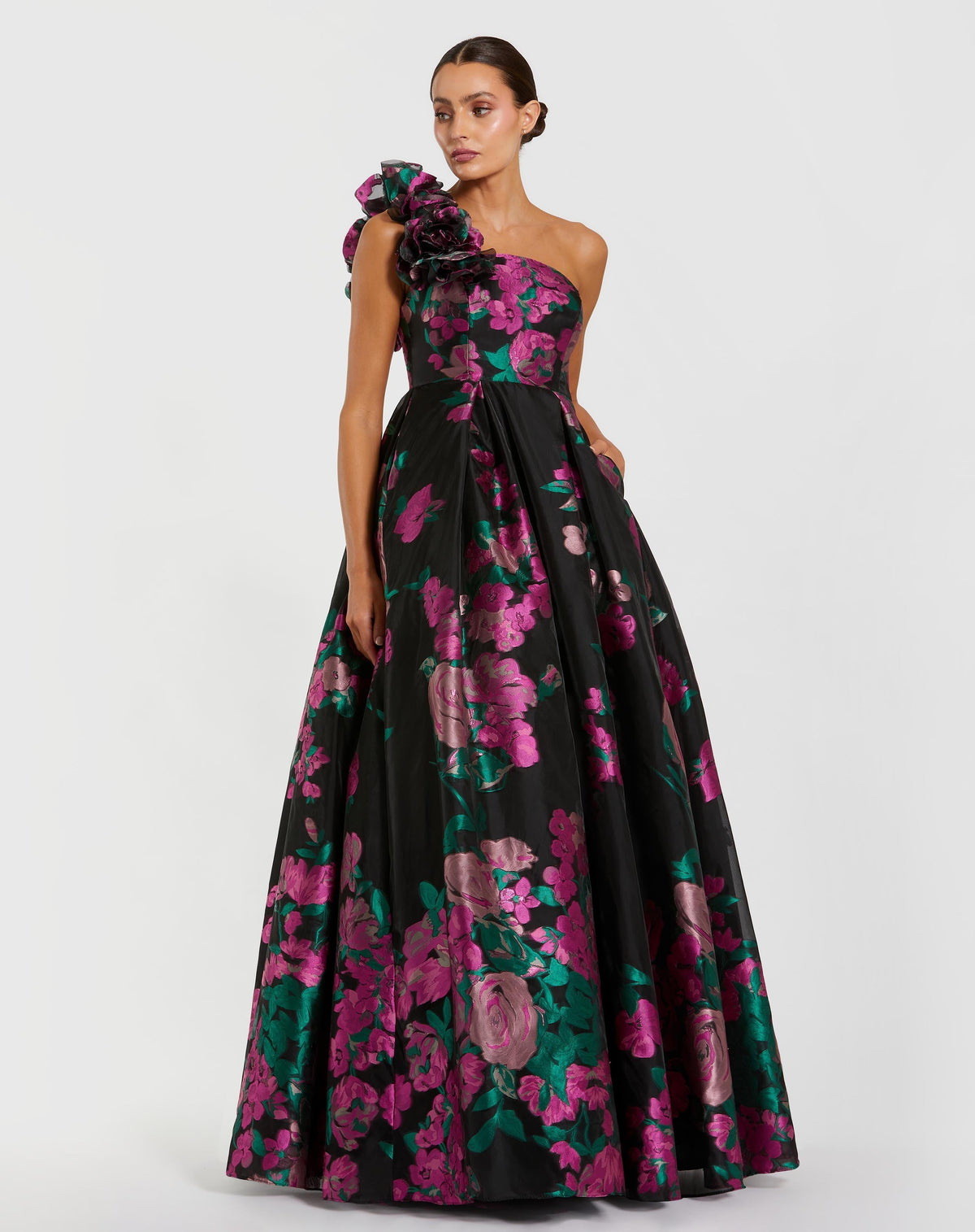 Black One Shoulder Floral Brocade Ball Gown