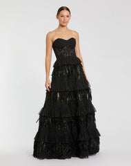 Black Strapless Sweetheart Lace Tiered Feather Ball Gown