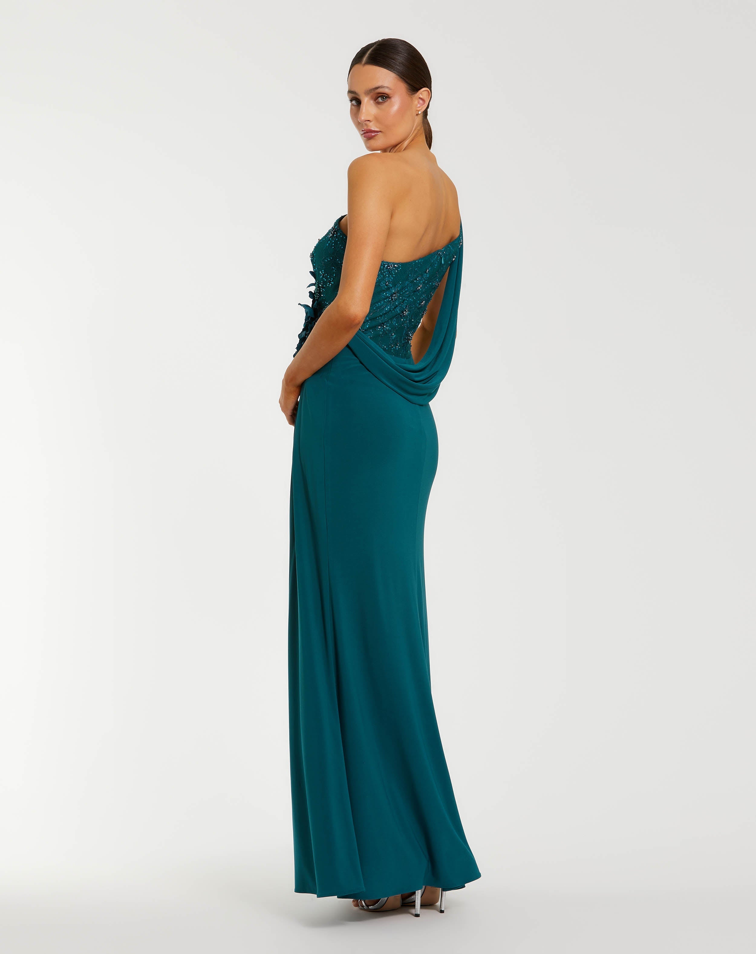 Teal One Shoulder Draped Jersey Gown With 3D Flowers