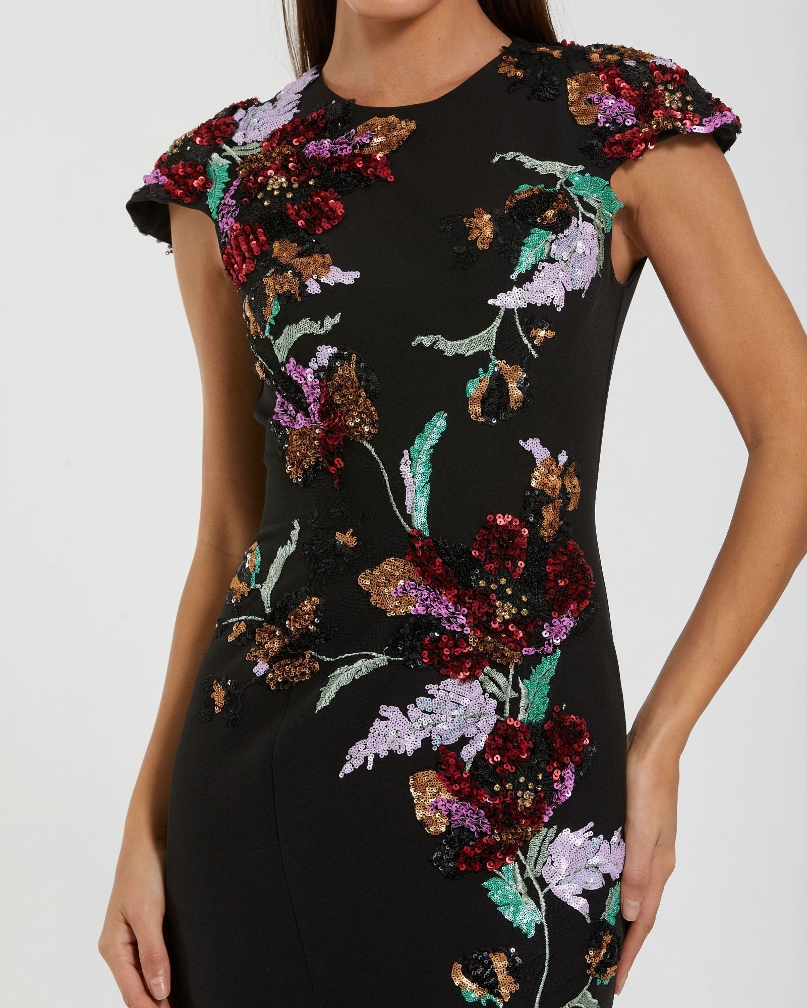 Black Floral Sequin Embellished Trumpet Gown