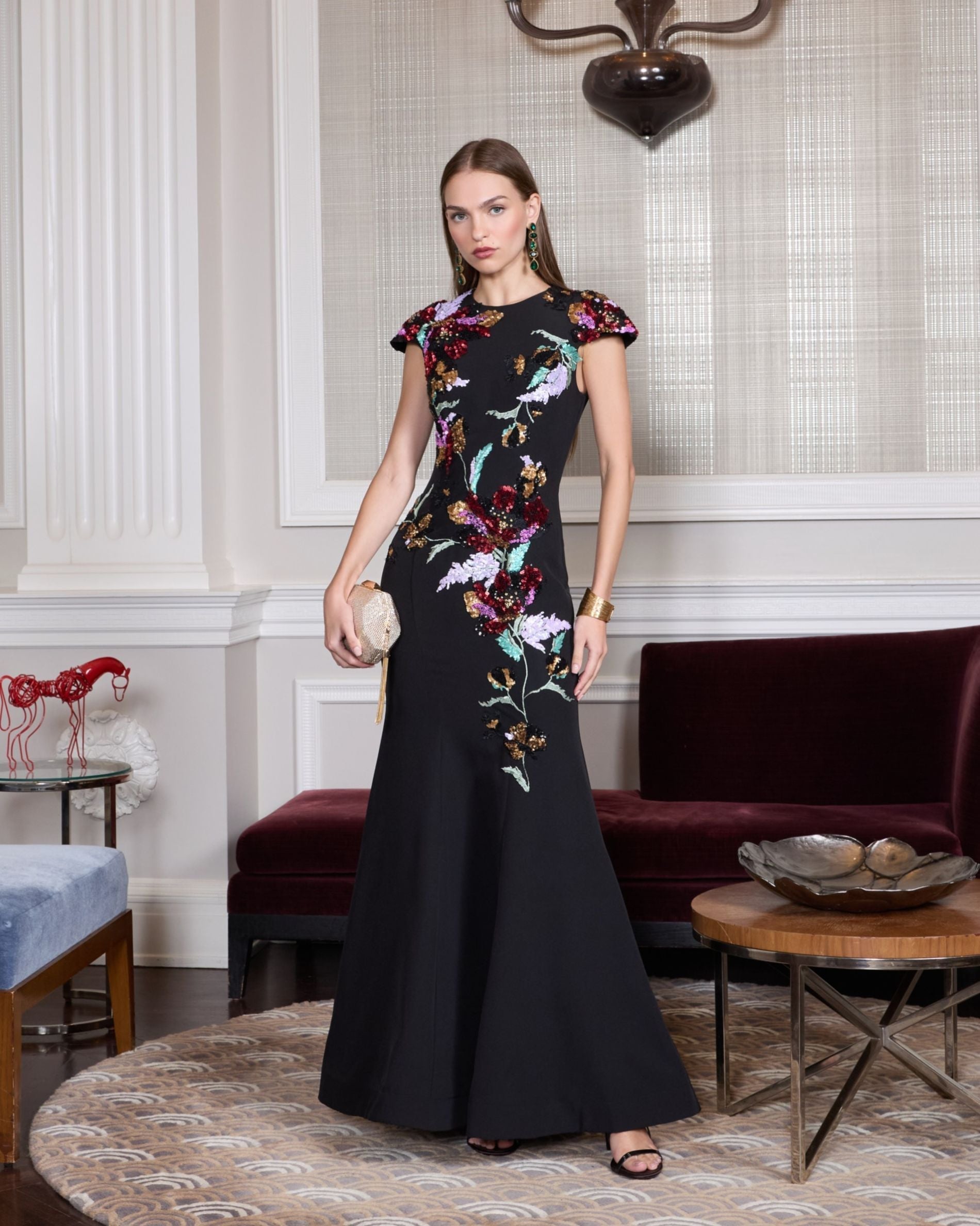 Black Floral Sequin Embellished Trumpet Gown