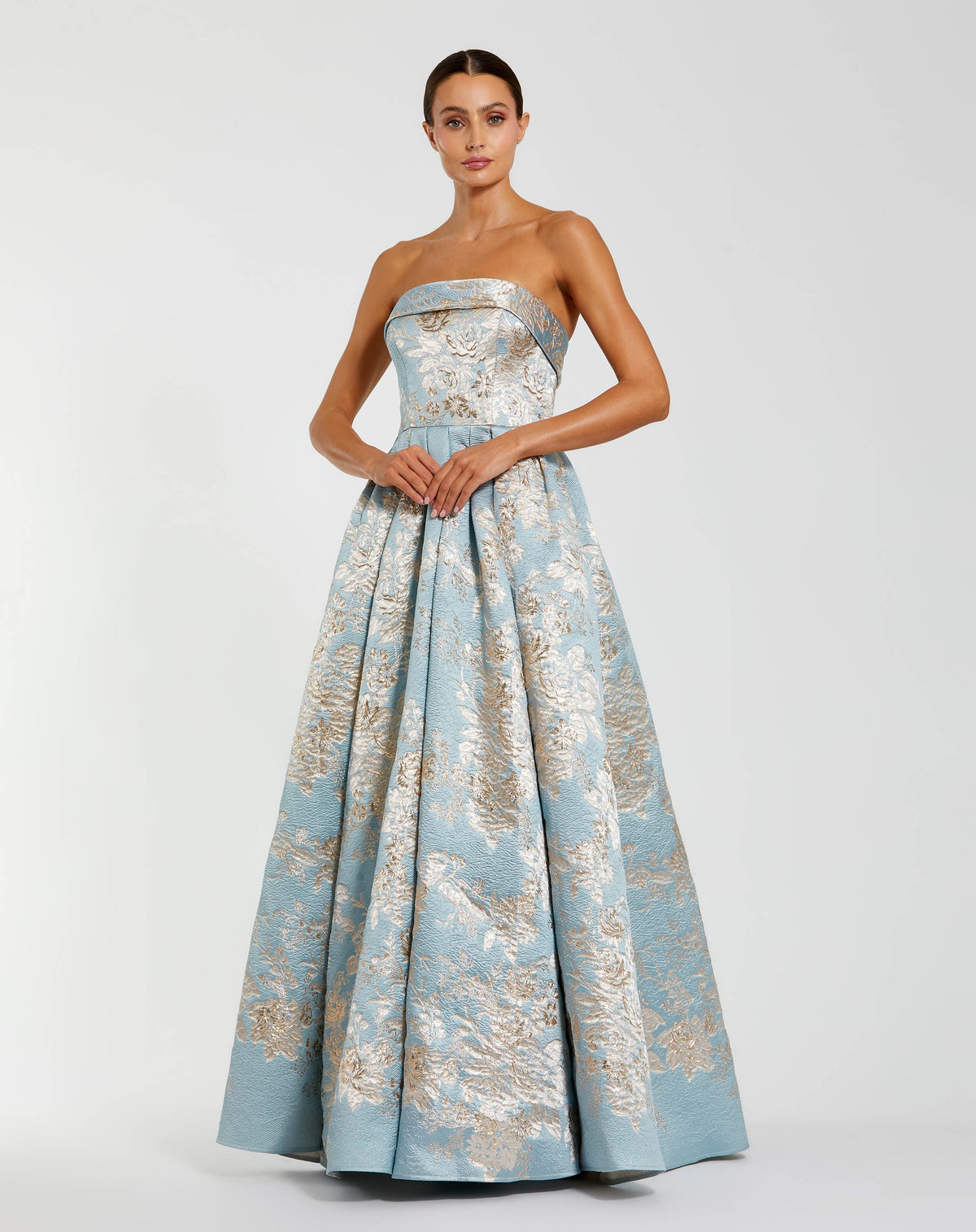 Blue Strapless Brocade Ball Gown with Pockets