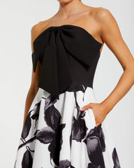 Black and White Floral Strapless Midi Dress With Bow