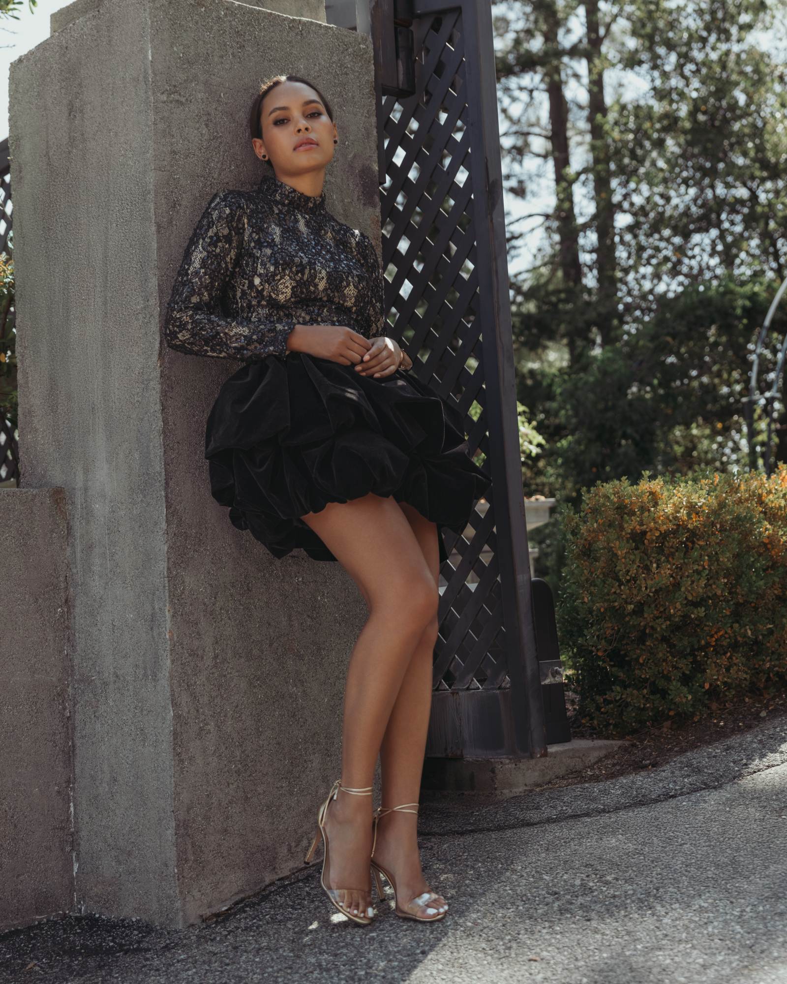 Black Mock Neck Long Sleeve Lace And Velvet Mini Dress