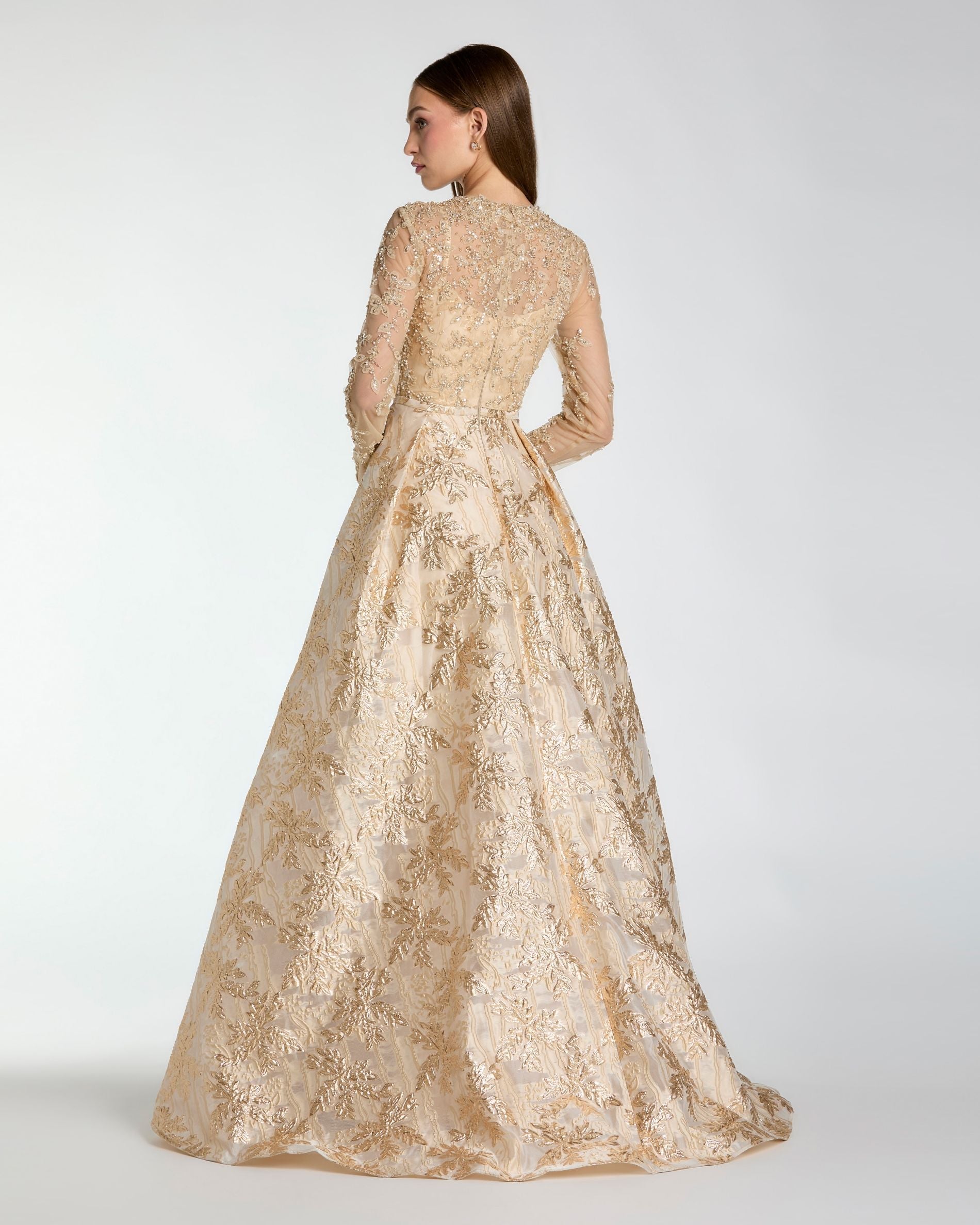 Light Gold Long Sleeve Beaded Brocade Skirt Ball Gown