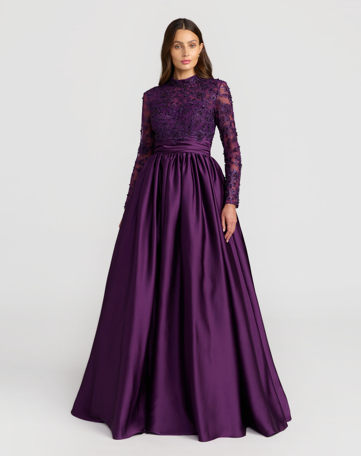 Purple Embroidered Long Sleeve Satin Ball Gown