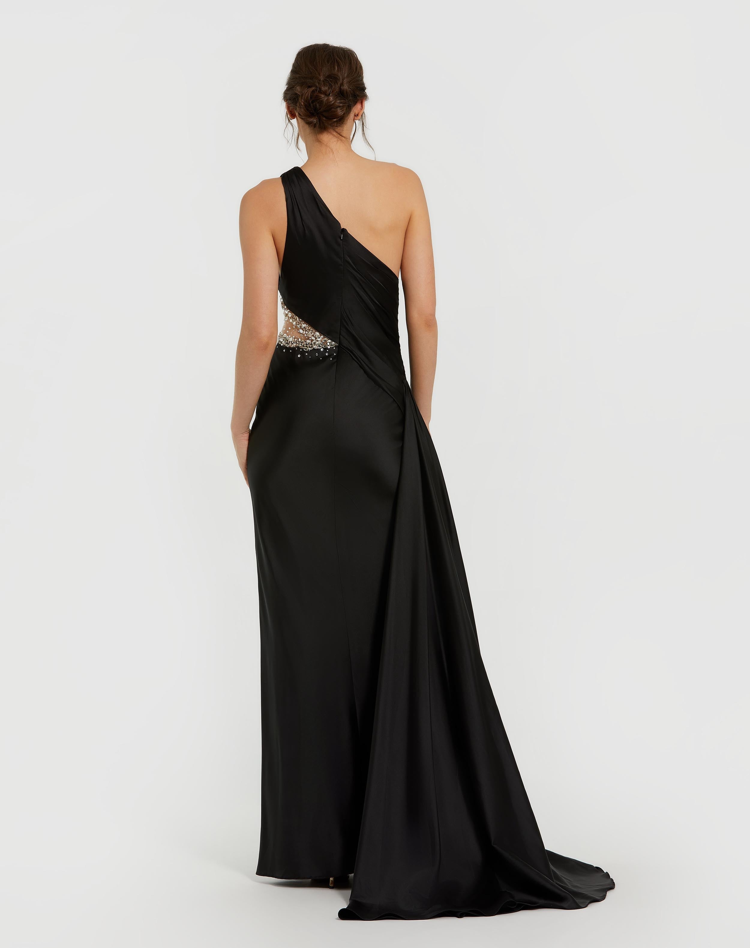 Black One Shoulder Charmeuse Gown With Beaded Cutout