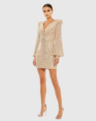 Sequined Structured Bishop Sleeve Mini Dress