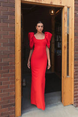 Red Fitted Crepe Square Neck Gown With Puff Sleeves