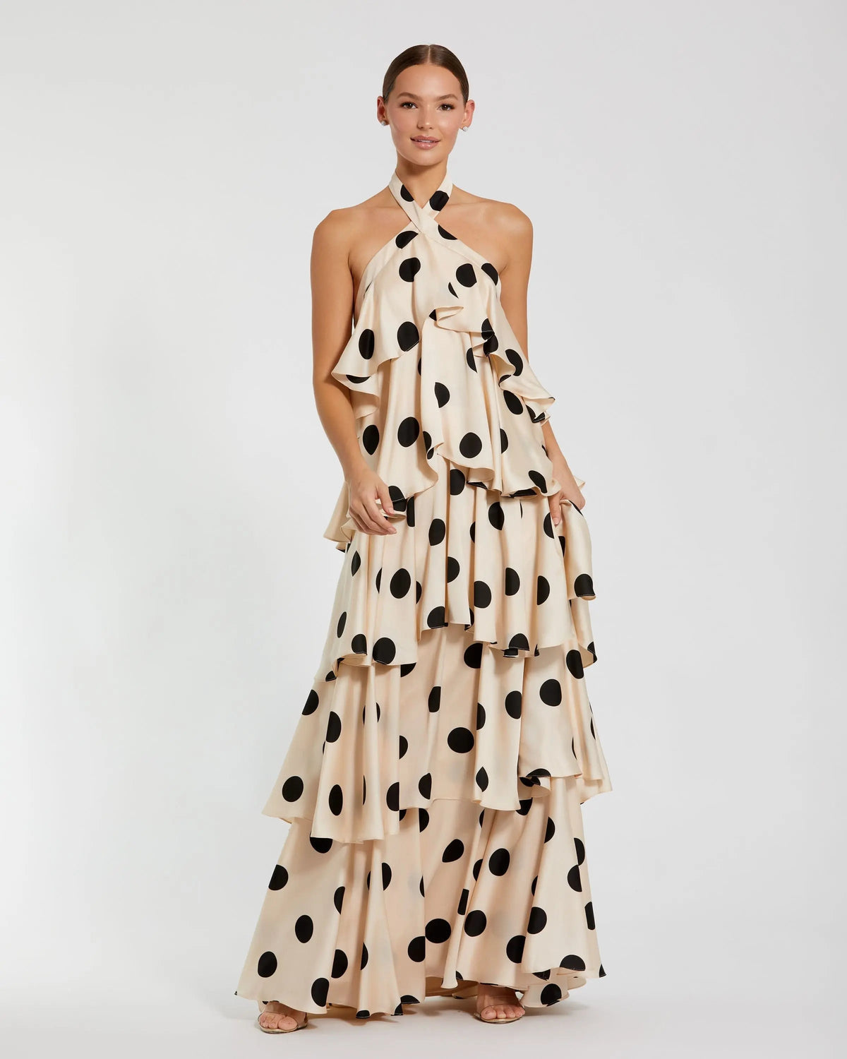 Beige Tiered Ruffle Polka Dot Charmeuse Gown