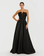 Black Strapless Satin Floral Embellished Ball Gown