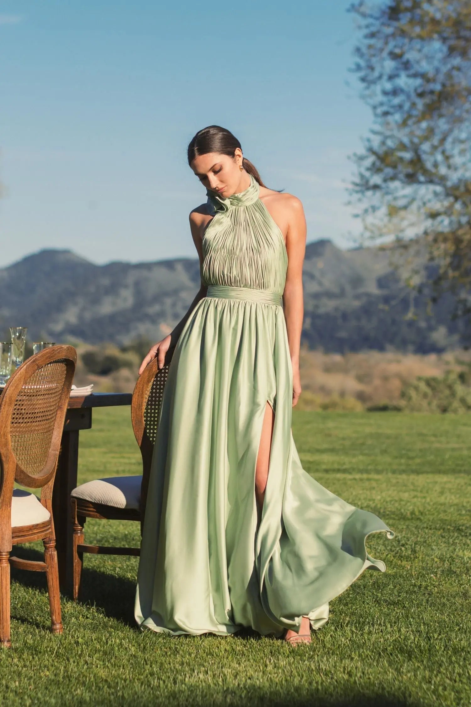 Green Soft Tie Halter Neck High Slit Gown