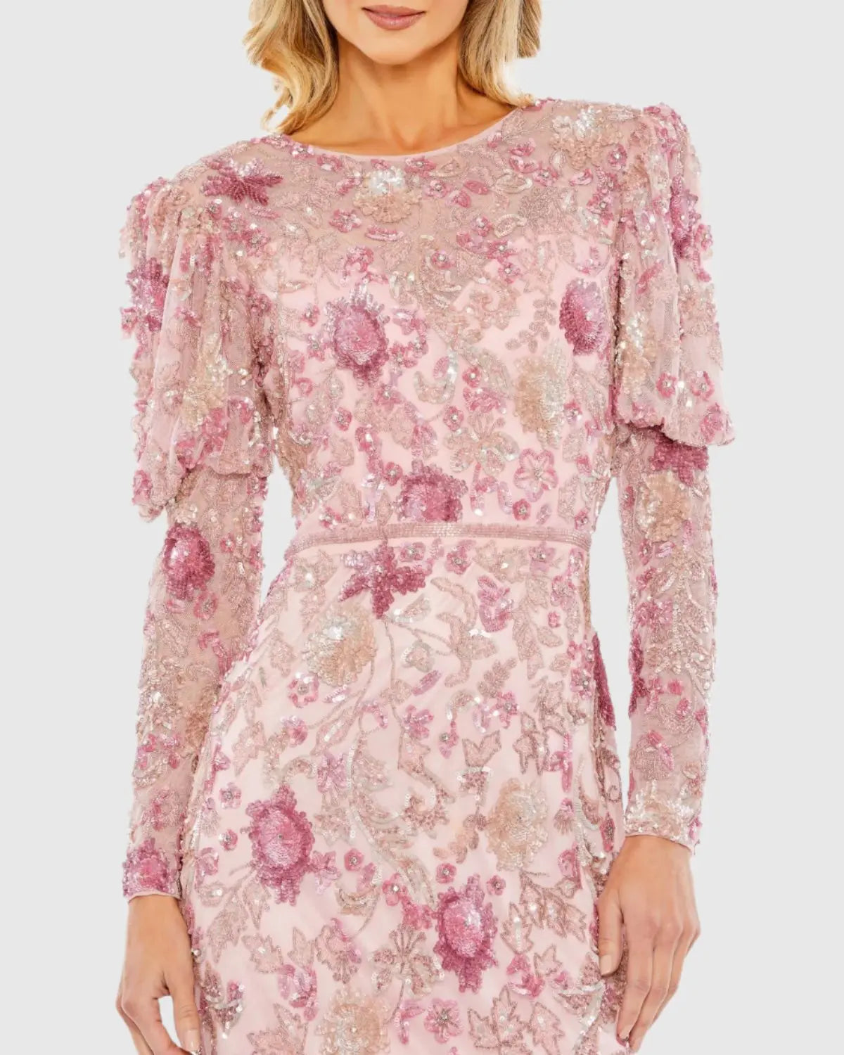 Pink Embellished Puff Sleeve High Neck Dress