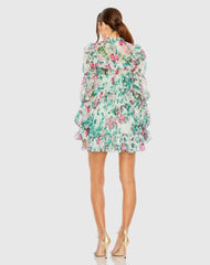 Green Floral High Neck Ruffle Sleeve Mini Dress