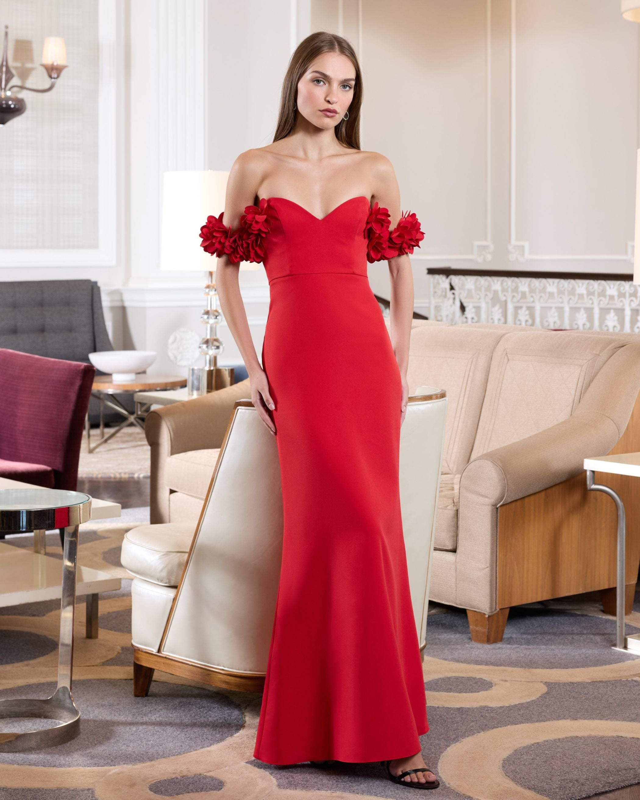 Red Crepe Off The Shoulder Gown With 3D Flowers